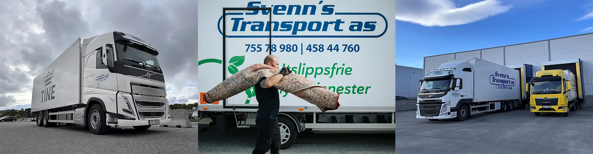 Foto av kjøretøyer fra Svenns Transport og en person som pakker flyttegods i en eske